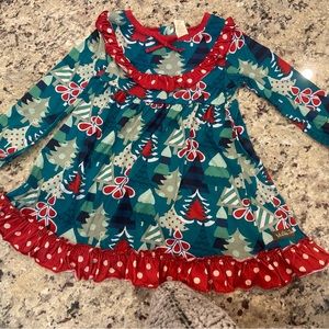 Matilda Jane size 4 Tinsel Nightgown red, green and blue Christmas trees